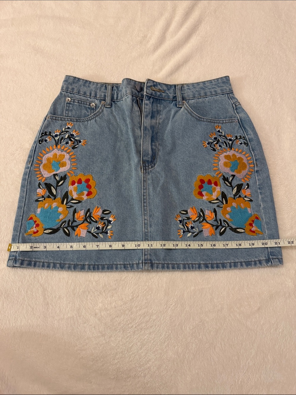 Embroidered Floral Denim Skirt - Blue - Picture 2 of 7